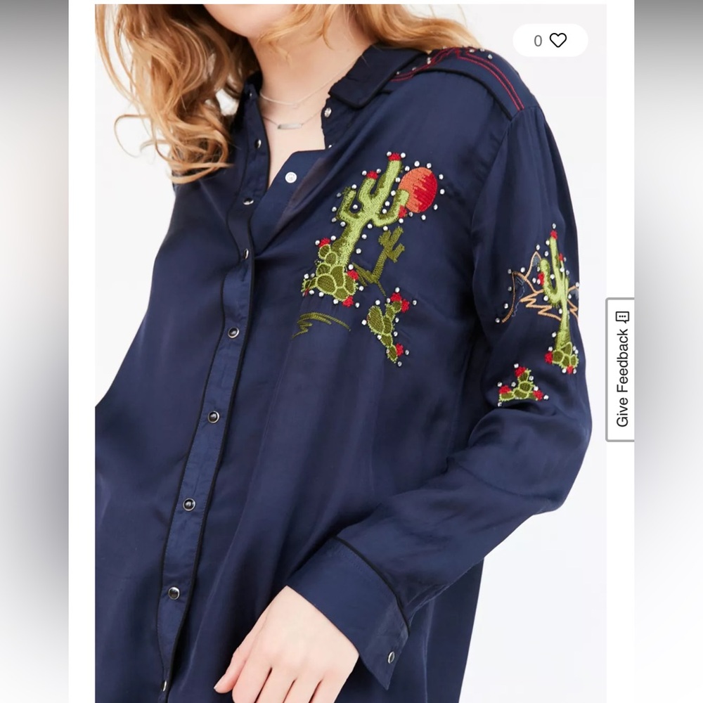 BDG Cowgirl satin Navy Embroidered western Women's Top urban outfitters - Picture 3 of 9